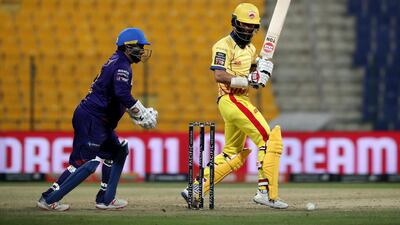 Team Abu Dhabi's Moeen Ali, right, during the abandoned Abu Dhabi T10 match against Deccan Gladiators at Sheikh Zayed Cricket Stadium in Abu Dhabi. Pawan Singh / The National