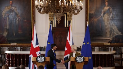 With EU Commission President Ursula von der Leyen at a press conference at Windsor Guildhall. Getty Images