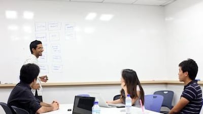 From left: Muhammad Awais Islam, Madhav Vaidyanathan, Songyishu Yang and Ruey Ting Chien made up the NYU group which was one of three winning teams at the Hult Global Case Challenge. Lee Hoagland / The National