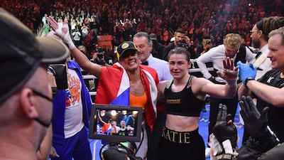 Katie Taylor and Amanda Serrano together following their fight at Madison Square Garden. AFP
