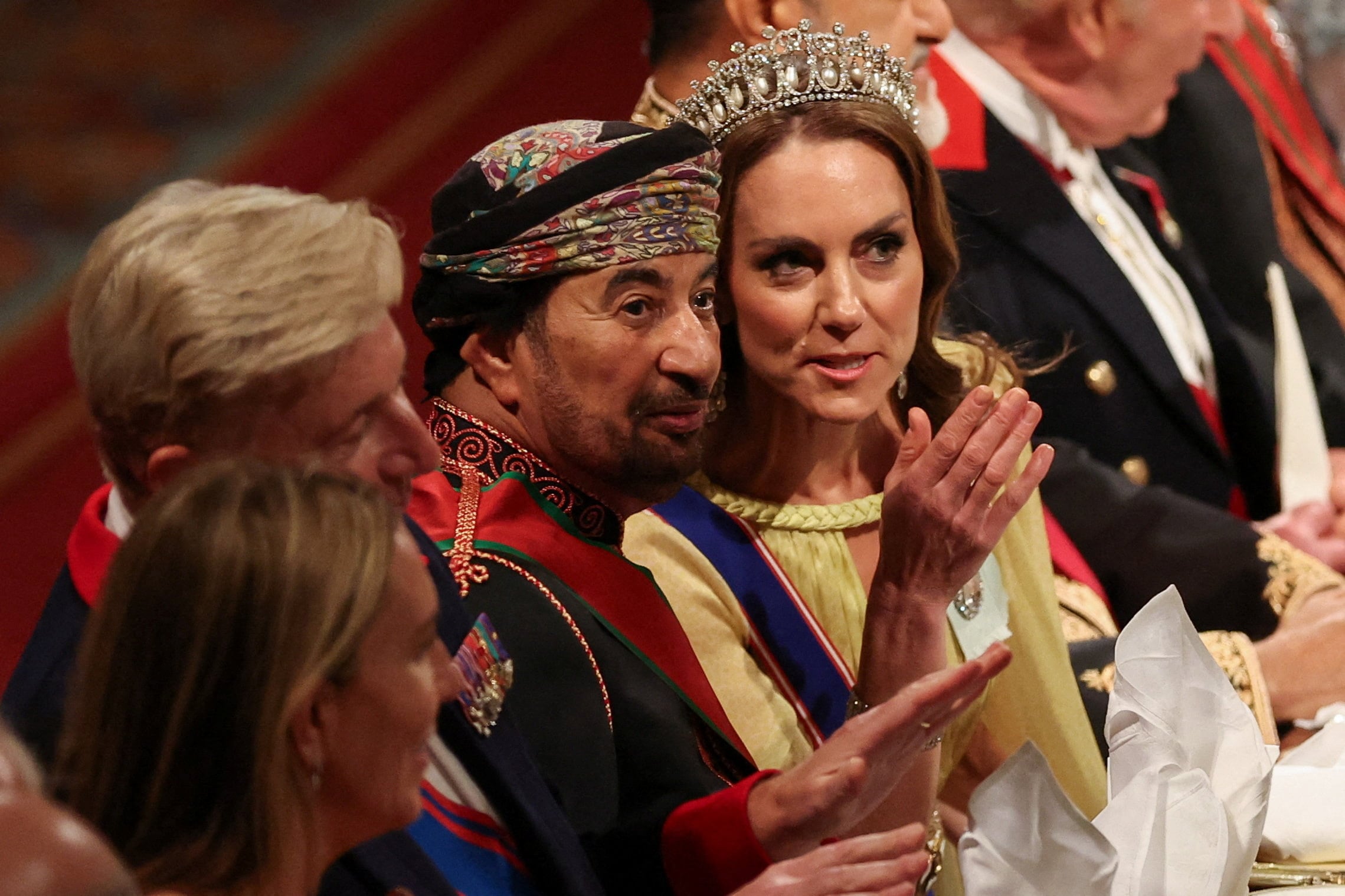 The Princess of Wales with Omani Minister of the Diwan Khalid Al Busaidi during the state banquet. AFP