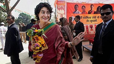 Priyanka Gandhi, the sister of Rahul Gandhi, the Congress Party's candidate in Uttar Pradesh, gestures during the party's election rally in Amethi.