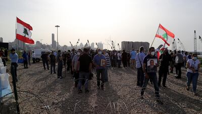 Protesters gather at the scene of August 4 Beirut port blast that killed more than 200 people, on May 4 2021. EPA