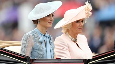 ASCOT, ENGLAND - JUNE 18: Catherine, Duchess of Cambridge and Camilla, Duchess of Cornwall arrive at Royal Ascot. Getty Images
