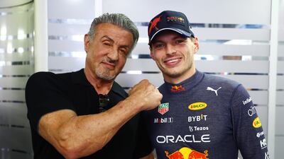 World champion Max Verstappen meets Sylvester Stallone prior to the Italian Grand Prix in Monza on September 11, 2022. Getty