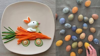 On the left, food art by Anita (@picifalat) and colourful Easter eggs by Irene Rasetti (@irenerasetti). Instagram