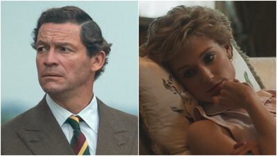 Dominic West, left, and Elizabeth Debicki as Prince Charles and Princess Diana in season five of 'The Crown'. Netflix