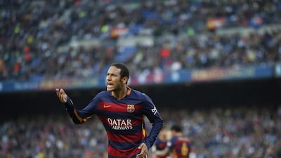 Barcelona’s Neymar gestures during a Spanish La Liga soccer match against Villarreal at the Camp Nou stadium in Barcelona, Spain, Sunday, Nov. 8, 2015. (AP Photo/Manu Fernandez)
