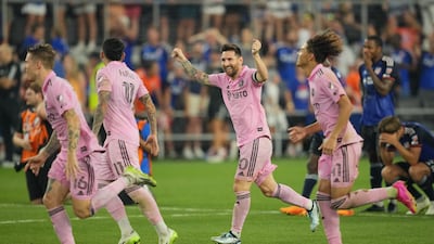 Lionel Messi celebrates with Inter Miami teammates after the victory over Cincinnati in the US Open semi-finals. Reuters