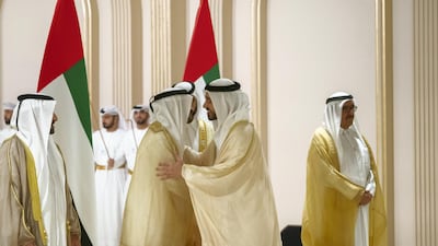 Sheikh Abdullah bin Zayed, Minister of Foreign Affairs and International C-ooperation (2nd R) attends the wedding reception of Sheikh Hamdan bin Mohammed, Crown Prince of Dubai, Sheikh Maktoum bin Mohammed, Deputy Ruler of Dubai and Sheikh Ahmed bin Mohammed at Dubai World Trade Centre. Abdullah Al Junaibi for Ministry of Presidential Affairs