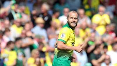 Norwich's Teemu Pukki celebrates scoring their second goal and his fifth of the season. Reuters