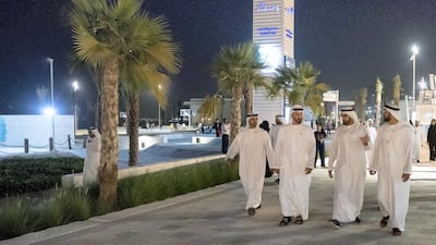 Sheikh Mohamed bin Zayed, Mohammed Al Mubarak, and Mohammed Al Mazrouei, undersecretary of the Crown Prince Court of Abu Dhabi (right) visit A'l Bahar on Tuesday. Rashed Al Mansoori / Ministry of Presidential Affairs