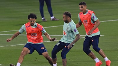 Brazil's Marquinhos, Neymar and Thiago Silva train. AFP