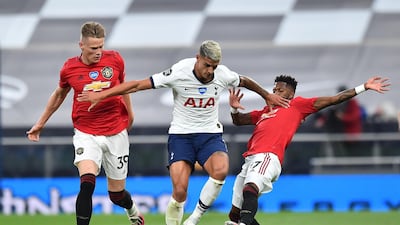 Scott McTominay and Fred challenge Erik Lamela during the Premier League game between Manchester United and Tottenham. EPA