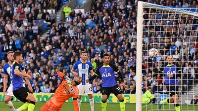 Brighton goalkeeper Robert Sanchez is beaten by Harry Kane's shot. AFP