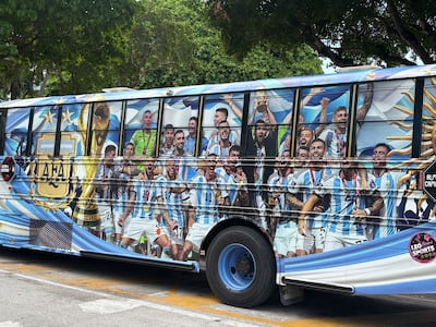 Argentina's 2022 World Cup trophy lift is displayed on a bus in Miami, Florida. Kyle Fitzgerald / The National