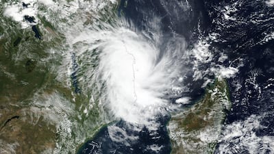 Tropical Cyclone Kenneth approaches the coast of Mozambique in this April 25, 2019 handout satellite image. NASA/Handout via REUTERS
