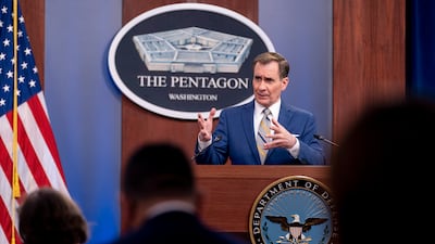 Pentagon spokesman John Kirby speaks during a briefing at the Pentagon on Wednesday. AP