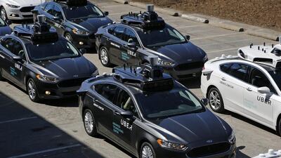 Self-driving Uber vehicles position themselves during a media preview at Uber's Advanced Technologies Center in Pittsburgh. Gene J Puskar / AP Photo