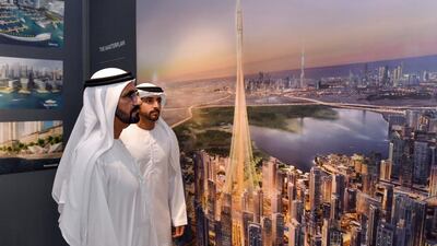 Sheikh Mohammed and Sheikh Hamdan look at plans for the nearly kilometre tall The Tower in 2016. Courtesy: Wam