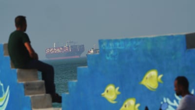A cargo boat navigates the sea behind a mural depicting fishes at the shoreline on Qeshm Island, Iran. Getty Images