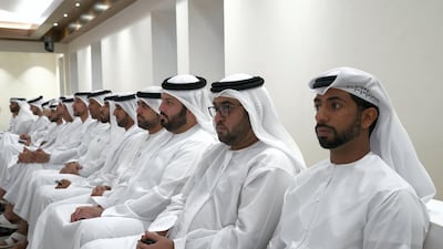 Sheikh Mohammed bin Nahyan bin Mubarak, right, and Sheikh Mohammed bin Hamdan bin Zayed, second right, attend the lecture. Mohamed Al Hammadi / Crown Prince Court - Abu Dhabi