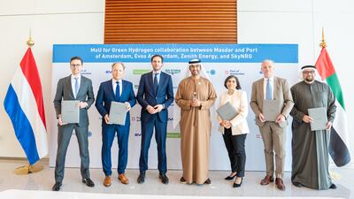 Dr Sultan Al Jaber with Netherlands Foreign Minister Wopke Hoekstra, third from left, Masdar chief executive Mohamed Al Ramahi, right, and other officials at the signing of the agreement. Photo: Masdar