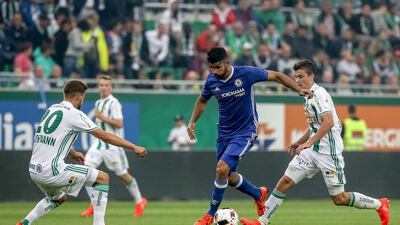 Diego Costa runs at the Rapid Vienna defence. Matej Divizna / Getty Images