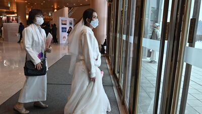 A bride wearing a protective face mask attends a mass wedding ceremony organised by the Unification Church at Cheongshim Peace World Center in Gapyeong. AFP