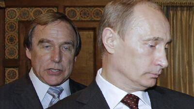 Russia’s president, Vladimir Putin, with Russian cellist and close-friend Sergei Roldugin pictured in 2009. The ‘Panama Papers’ data revealed a suspected money laundering network run by a Russian bank and involving close associates of Vladimir Putin. Dmitry Astakhov / Sputnik / AFP Photo