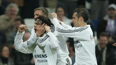 Santiago Solari celebrates a goal with David Beckham in 2005. Getty Images