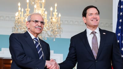 Lebanese Prime Minister Nawaf Salam with US Secretary of State Marco Rubio on Monday at the State Department. Getty Images via AFP