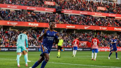 Real Madrid's Vinicius Junior celebrates after scoring. AP Photo