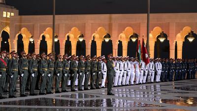 Members of the UAE Armed participate during a reception for HE Wang Qishan, Vice President of China (not shown), during a reception at the Presidential Palace. Hamad Al Mansouri for Crown Prince Court - Abu Dhabi