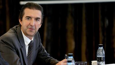 Benoit Defforge, the president Airbus Corporate Jets, talks to the media about the company’s business jet on Sunday. Satish Kumar / The National