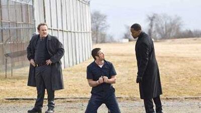 From left, Colm Meaney, Gerard Butler and Jamie Foxx in Law Abiding Citizen.