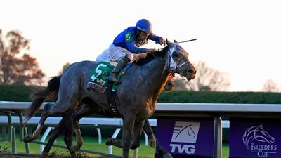 Jockey Luis Saez rides Essential Quality to win the Breeders' Cup Juvenile race at Keeneland Race Course in Lexington last November. AP