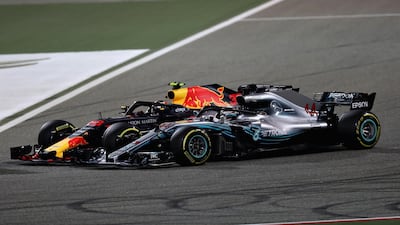Max Verstappen, the No 33 Aston Martin Red Bull Racing, had a tense battle with Lewis Hamilton in his Mercedes at Bahrain. Lars Baron / Getty Images