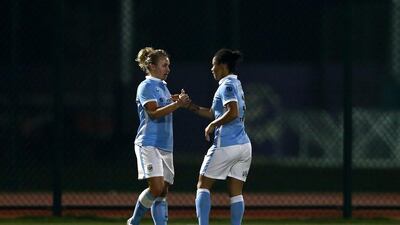 Isobel Christiansen of Manchester City Women’s FC is congratulated after scoring the second goal during the Fatima Bint Mubarak Ladies Sports Academy Challenge between Melbourne City Women and Manchester City Women at New York University Abu Dhabi Campus on February 17, 2016 in Abu Dhabi, United Arab Emirates. Warren Little/Getty Images