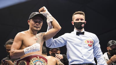 Donnie Nietes of the Philippines winning the match against Pablo Carillo of Colombia at the Rotunda, Ceasar's Palace, Bluewaters Island, Dubai. Leslie Pableo for The National