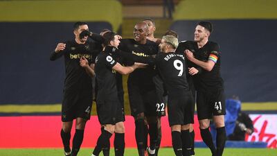 Angelo Ogbonna of West Ham United celebrates with team mates (l - r) Aaron Cresswell, Said Benrahma and Declan Rice after scoring the second. Getty