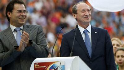 Russian Athletics Federation Ppresident Valentin Balakhnichev, right, and deputy mayor of Moscow Alexander Gorbenkov, left, attend the closing ceremony at the World Athletics Championships in the Luzhniki stadium in Moscow, Russia. Alexander Zemlianichenko / AP Photo
