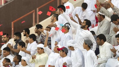 Fujairah supporters celebrate scoring against Al Orouba. Christopher Pike / The National