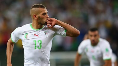 Islam Slimani of Algeria celebrates scoring the equaliser against Russia on Thursday night at the 2014 World Cup in Curitiba, Brazil. Julian Finney / Getty Images