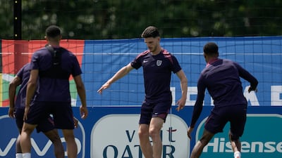 England midfielder Declan Rice, centre, training with teammates in Blankenhain. AP