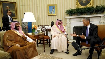 US president Barack Obama meets with Saudi Arabia's crown prince, Mohammed bin Nayef (C), and deputy crown prince Mohammed bin Salman (L) in the Oval Office of the White House on May 13, 2015. Kevin Lamarque/Reuters