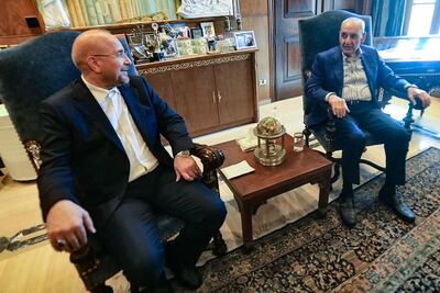 Iranian Parliament Speaker Mohammad Bagher Ghalibaf meets Lebanese Parliament Speaker Nabih Berri in Beirut on Saturday. AFP