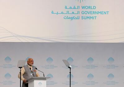 India's prime minister Narendra Modi delivers a speech during the opening of the World Government Summit in Dubai . Karim Sahib / AFP