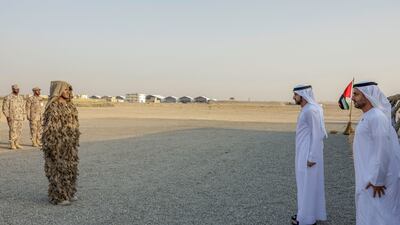 Sheikh Hamdan bin Mohammed, Crown Prince of Dubai, attends the graduation of the 18th cohort of the national military service at Seih Hafeir in Abu Dhabi