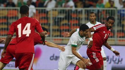 Ahmed Khalil, right, gave the UAE the lead with a stunning free-kick only for Saudi Arabia to fight back. Fayez Nureldine / AFP
